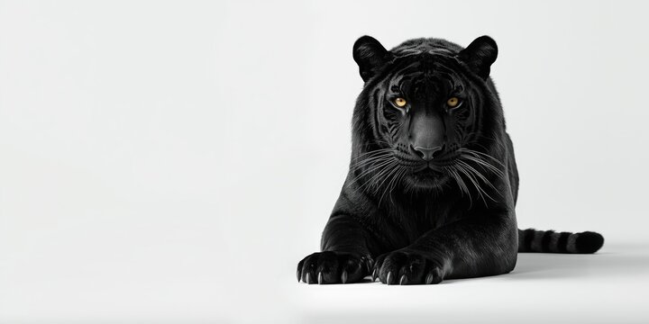 Solitary sleek black tiger poised elegantly on a clean white background