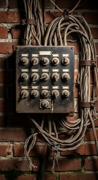 Vintage Electrical Switchboard with Exposed Wiring on Brick Wall.