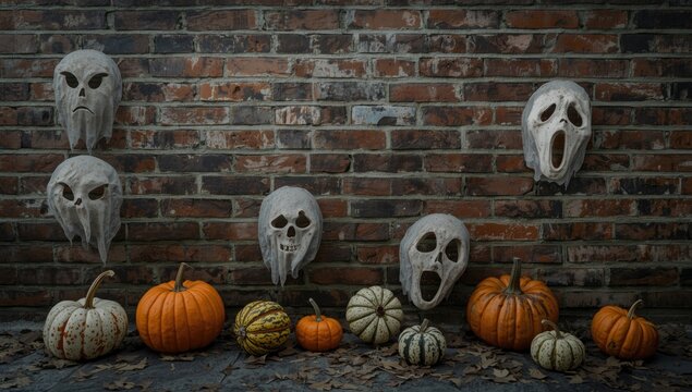 Halloween masks and pumpkins against a brick wall