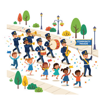 Colorful flat vector illustration of a lively community parade with a marching band, musical instruments, and joyful children celebrating on a street.