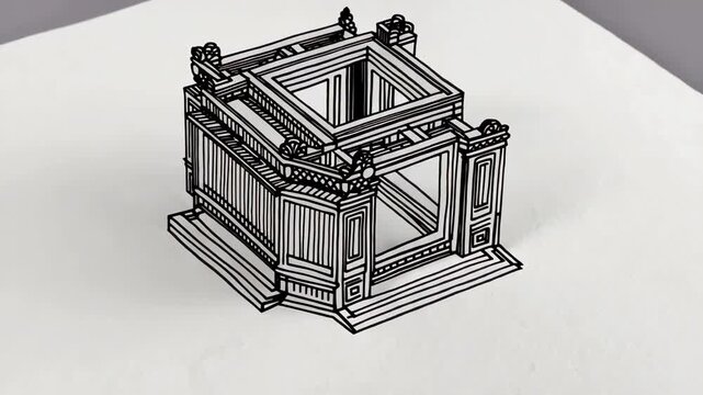 3D wireframe building construction animation sequence