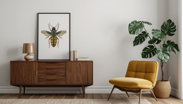 Bee illustration framed on a mid-century modern sideboard