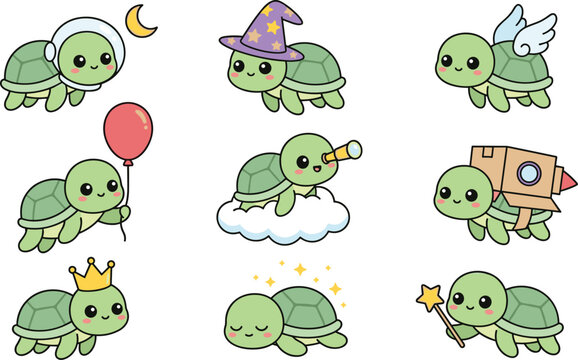 Cute Turtle Character Fantasy Activity Collection with Astronaut Wizard Angel Rocket and Magic Cartoon Vector Illustration Set