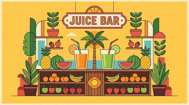 Vibrant tropical juice bar with fresh fruits and refreshing drinks
