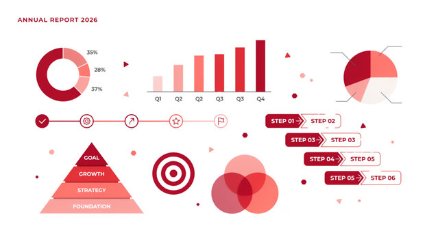 Set of modern red business infographics charts and data visualization elements for professional presentation