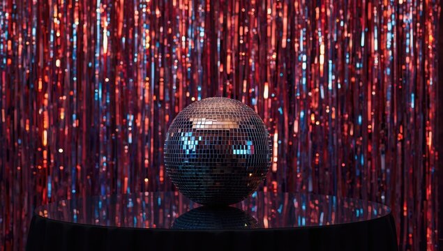 Disco ball on a table against a shiny backdrop