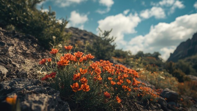 Orange hawkweed blossoms thriving amidst rocky natural terrain
