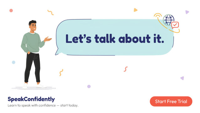 Young man standing and talking with a large speech bubble that says lets talk about it