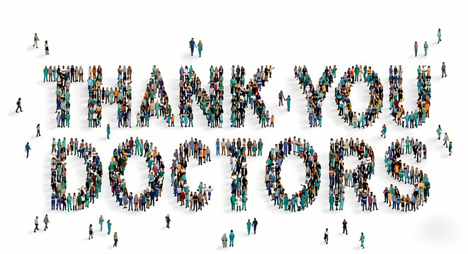 Thank you, Doctors,: A large group of people thanking and appreciating doctors' sacrifices.