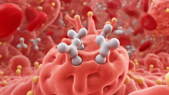 Microscopic view of antibodies attacking a virus or cancer cell in the human body.