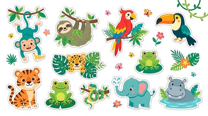 Fototapeta premium Cute collection of colorful cartoon jungle animals including a monkey sloth parrot toucan tiger frog elephant snake and happy hippo