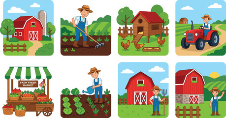 Agriculture and Farming Life Vector Illustration Set with Red Barn Chicken Coop Male Farmer Driving Tractor and Local Market StallAgriculture and Farming Life Vector Illustration Set with Red Barn Chi © Sonjoy