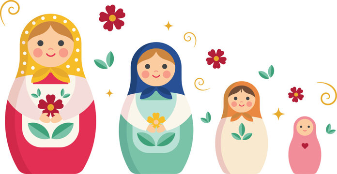 Russian Matryoshka Nesting Dolls Vector Set with Traditional Floral Patterns and Vibrant Folk Costumes for Cultural Greeting Card Designsv