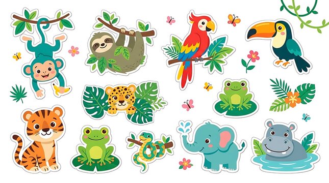 Cute collection of colorful cartoon jungle animals including a monkey sloth parrot toucan tiger frog elephant snake and happy hippo
