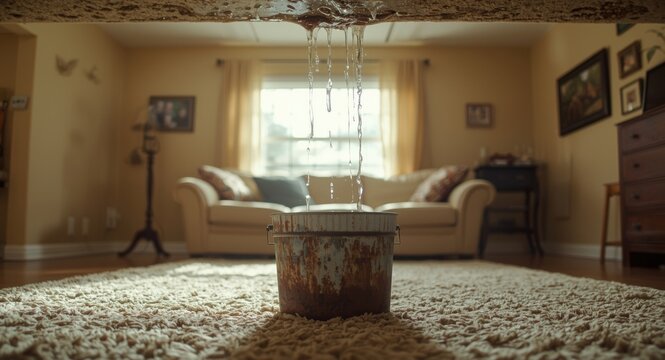Leaky ceiling with bucket collecting water in cozy living room