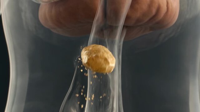 A single golden nugget falling through a transparent glass tube with particles.