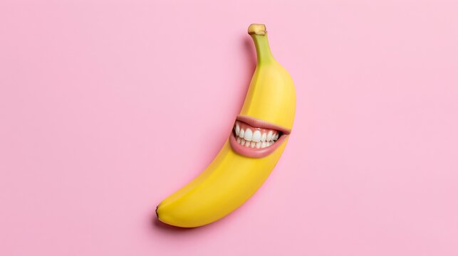 Banana displaying a wide smile with human lips and teeth, a playful surreal concept portraying happiness and dental health