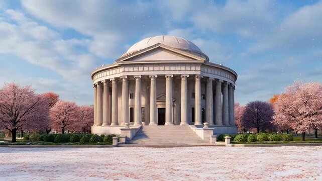 Neoclassical rotunda building surrounded by blooming cherry blossom trees in spring.