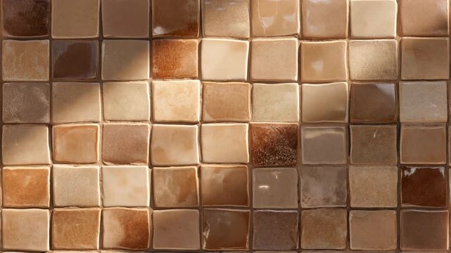 Handcrafted Ceramic Mosaic Wall with Earthy Natural Tones and Artisan Tile Textures, Sunlit Interior Background with Moving Shadows