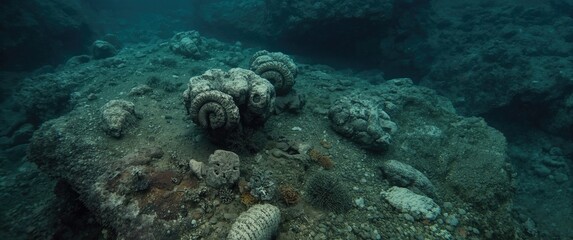 Underwater scene with coral formations and rocky seafloor