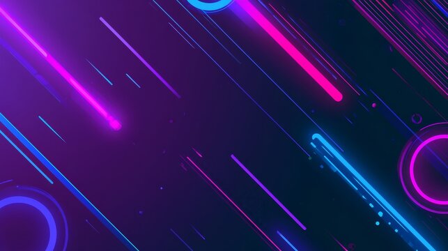 Dynamic futuristic neon background with glowing lines circles and abstract geometric elements, vibrant purple pink blue lighting on dark gradient backdrop for technology gaming music and sci fi themes