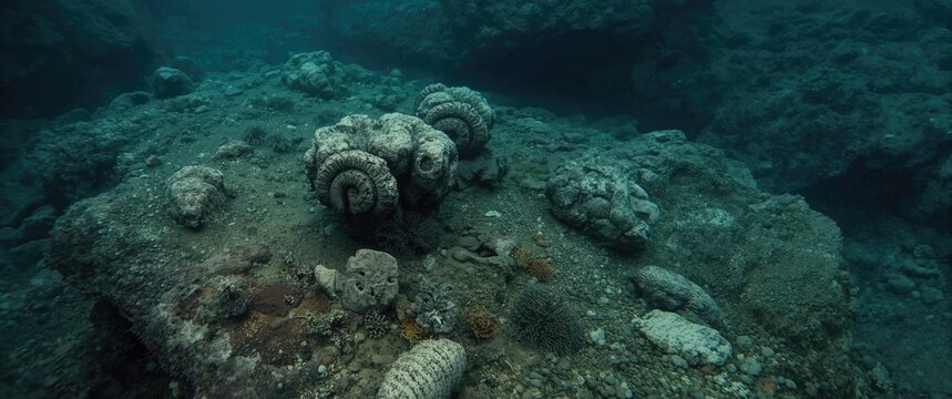 Underwater scene with coral formations and rocky seafloor