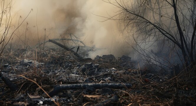 Smoke and charred remnants after a fire event