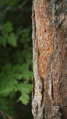 Fototapeta premium Close-up of Textured Tree Bark with Blurry Green Foliage Background
