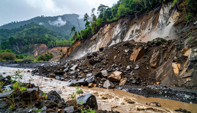 Massive landslide event burying a river with mud rocks and debris after a natural disaster destroying the hillside landscape