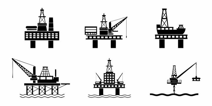 Oil Rig Silhouettes With Cranes And Helipads Black On White