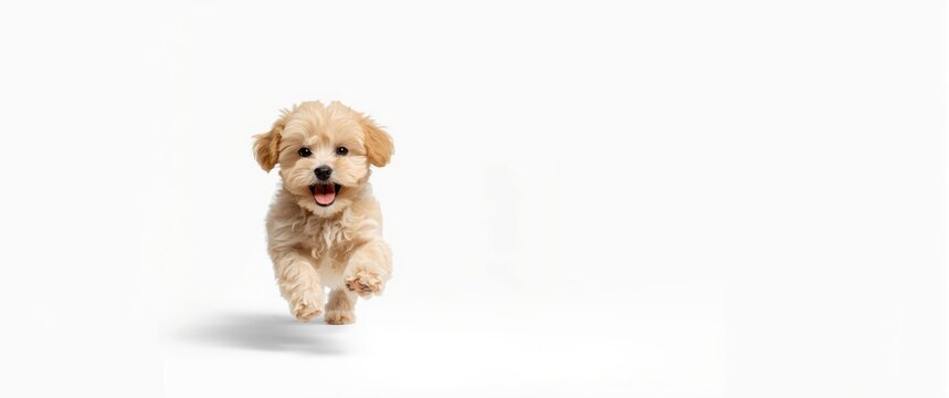Happy puppy running towards the camera on white background