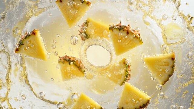 Fresh pineapple slices splashing into sparkling soda water with energetic bubbles and refreshing tropical motion background