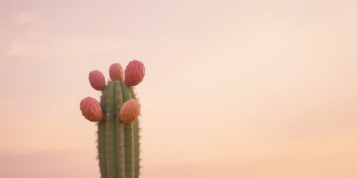 Soft pastel background hosting prickly pear cactus with five fruits plus copy space