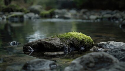 Fototapeta premium Moss-covered rock in a calm stream with pebbles