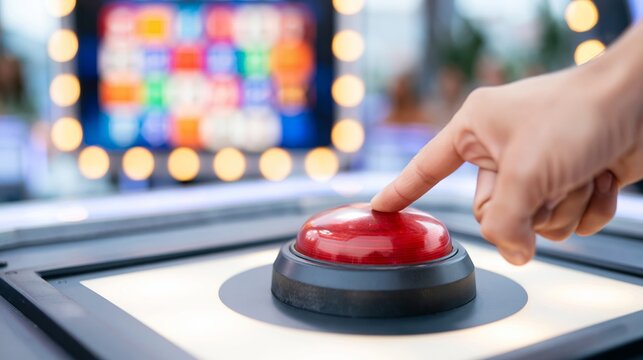 Person's hand pressing a large red buzzer on a bright game show platform, colorful blurred scoreboard in background