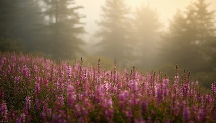 Naklejka premium Scenic forest background showcasing blooming Erica and heather flowers with ample copy space