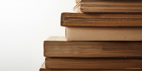 Fototapeta premium Side view of piled flattened corrugated cardboard boxes on clean white background
