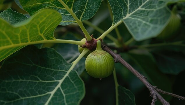Green fig growing on a tree branch among large leaves