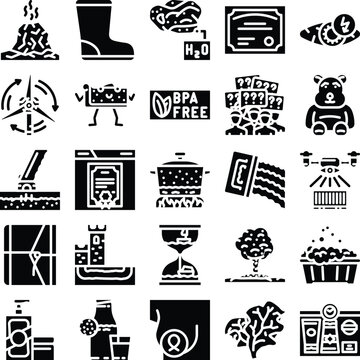 Sustainable collection glyph icons illustrating environmental preservation, renewable energy, healthy food, and responsible consumption, promoting an eco conscious lifestyle