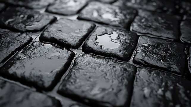 Close-up of dark square candies with a glossy texture.