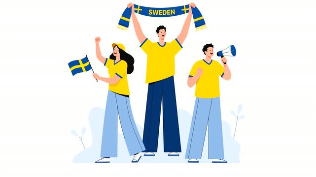 Editorial vector animation of Sweden football supporters celebrating victory with flags, scarves, and cheers. Modern flat character motion graphics for soccer, sports events, and Swedish fan culture.
