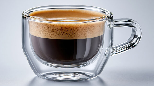 Espresso coffee in clear double walled glass cup with rich crema on top, showcasing warm and inviting beverage