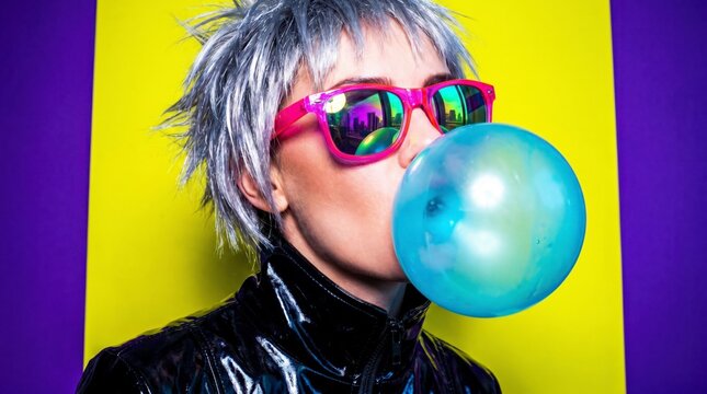 Fierce fashion model with silver hair and pink glasses blowing a bright blue bubble gum in studio