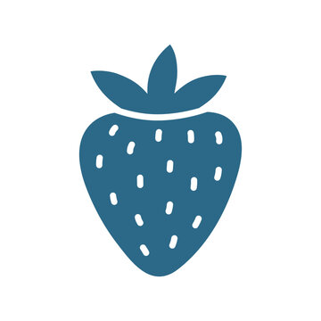 Strawberry vector silhouette with leaves. Blue monochrome berry graphic for jam packaging, juice label and confectionery branding.