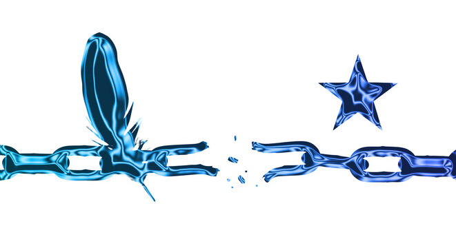 Breaking free chain with feather and star on transparent background