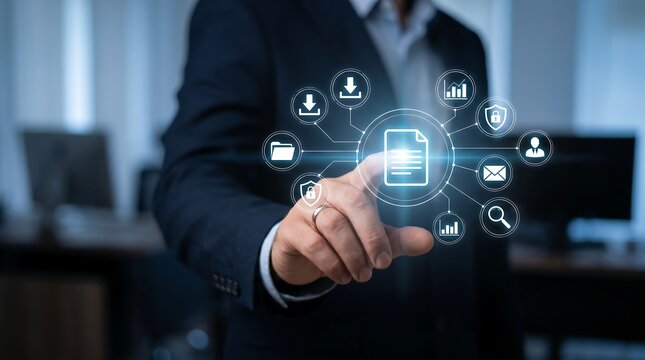 Executive hand touching interactive digital interface displaying document management icons and file security protocols for cloud based business organization and information control