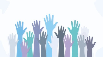 Fototapeta premium Diverse Group of Raised Hands with Various Skin Tones Against Clean White Backdrop, Vector Illustration of Unity and Support, Copy Space