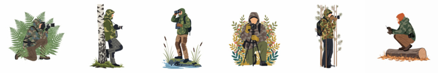 Collection of six wildlife photographers and nature observers in camouflage gear, using cameras, binoculars, and tripods in different outdoor settings. © Mairiko
