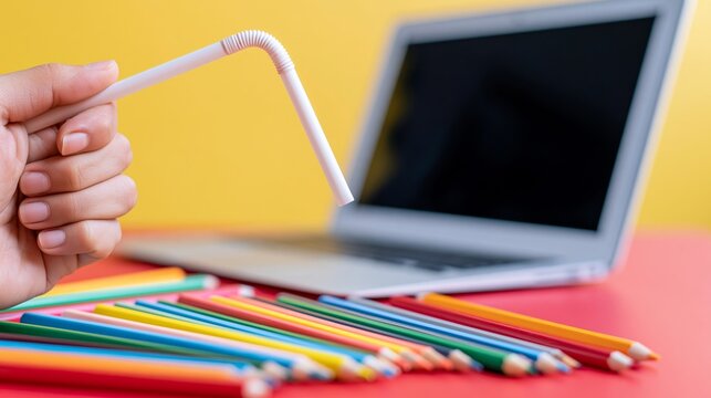 Hand holding bent plastic straw above laptop screen with scattered colored pencils on a red table