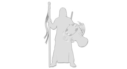 Naklejka premium A mystical figure holds a staff and a lion on transparent background